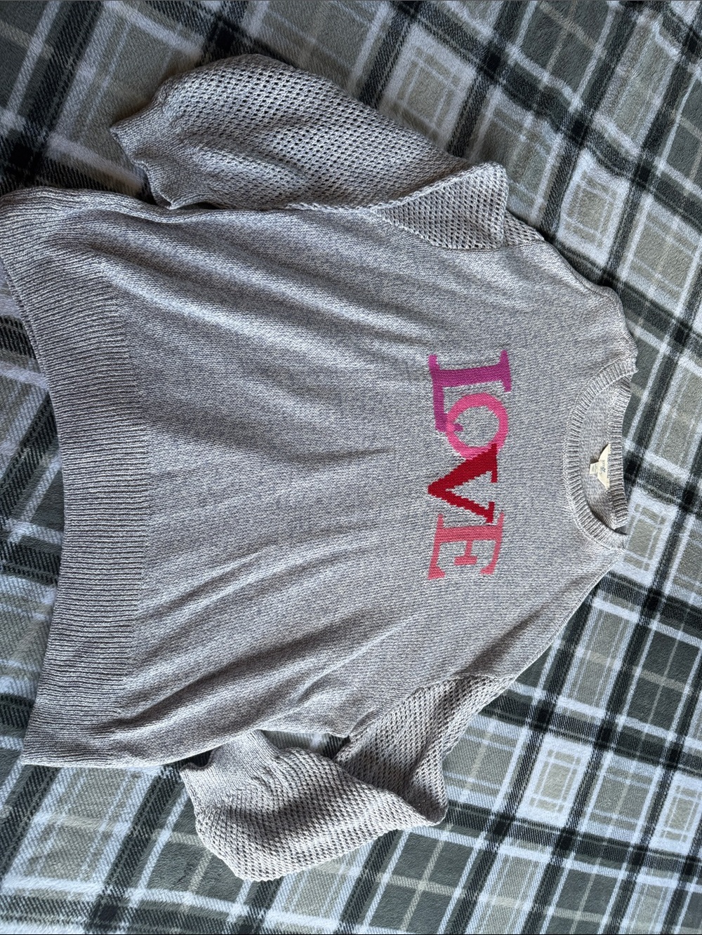 Gray 'LOVE' Knit Sweater with Pink and Red Lettering